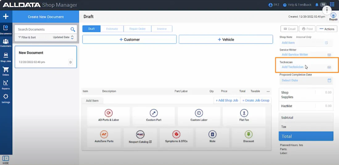 screenshot of ALLDATA Shop Manager